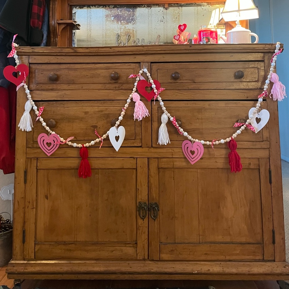 Handmade Heart Garland with Tassels, Hearts - Red, Pink, and White 12 ft long